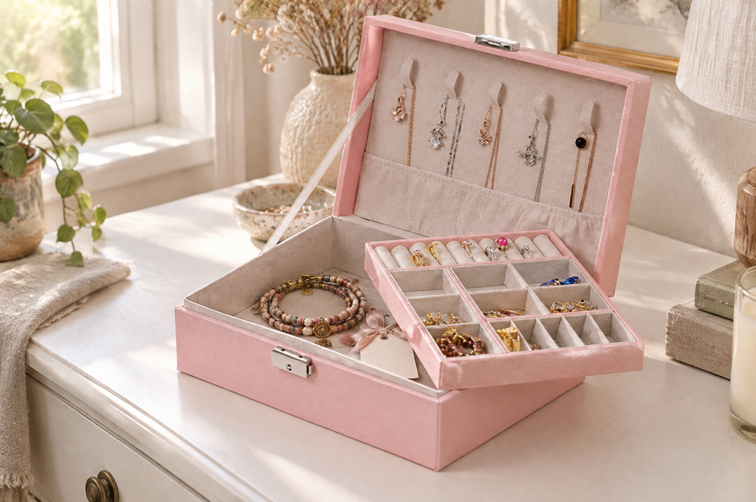 Boîte à bijoux rose ouverte avec un bracelet glissé à l'intérieur