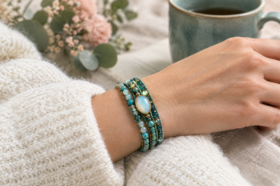 Bracelet wrap turquoise porté sur un pull blanc, couleurs tendance 2026