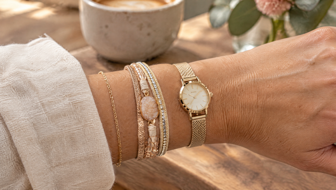 Poignet de femme portant un bracelet multi-rangs, une fine chaîne dorée et une montre